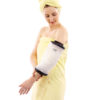 A woman in a yellow towel standing up and wearing an Extra Slim M45 LimbO Waterproof Protector on her left elbow.