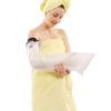 Woman in yellow towel wearing a full arm LimbO Waterproof Protector on her right arm